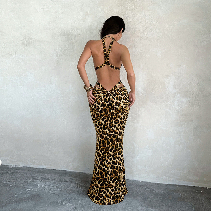 Leopard Print Halter Dress Sexy Hollow Out Cutout out Cropped Pleated Slim Sheath Dress