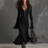 Ribbed Knit Long Sleeve Zip Front Mermaid Midi Dress 3
