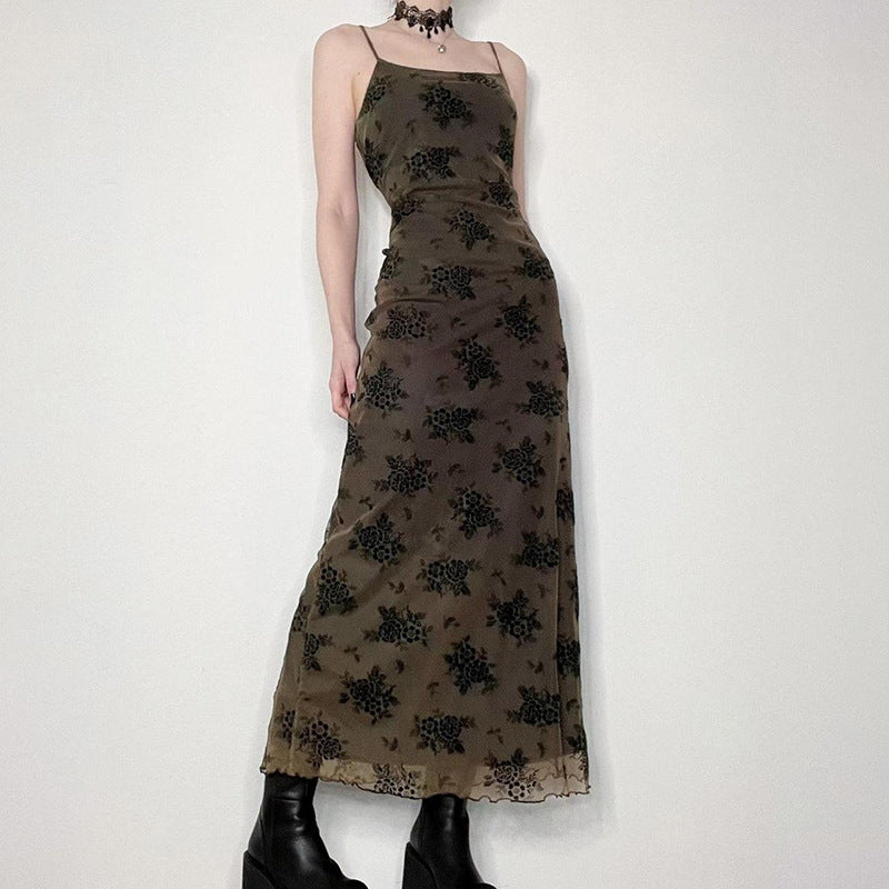Floral Flocked Mesh Spaghetti Strap Lettuce Hem Bodycon Maxi Dress