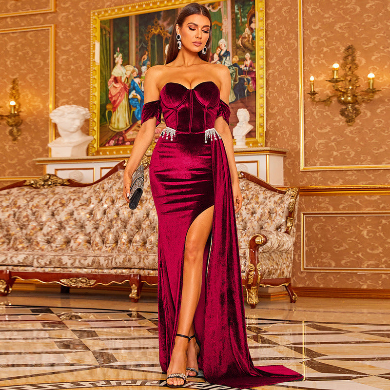 off - Neck Wrapped Chest Elegant Hip - Wrapped Elegant Lady Small Mop Split Evening Dress for