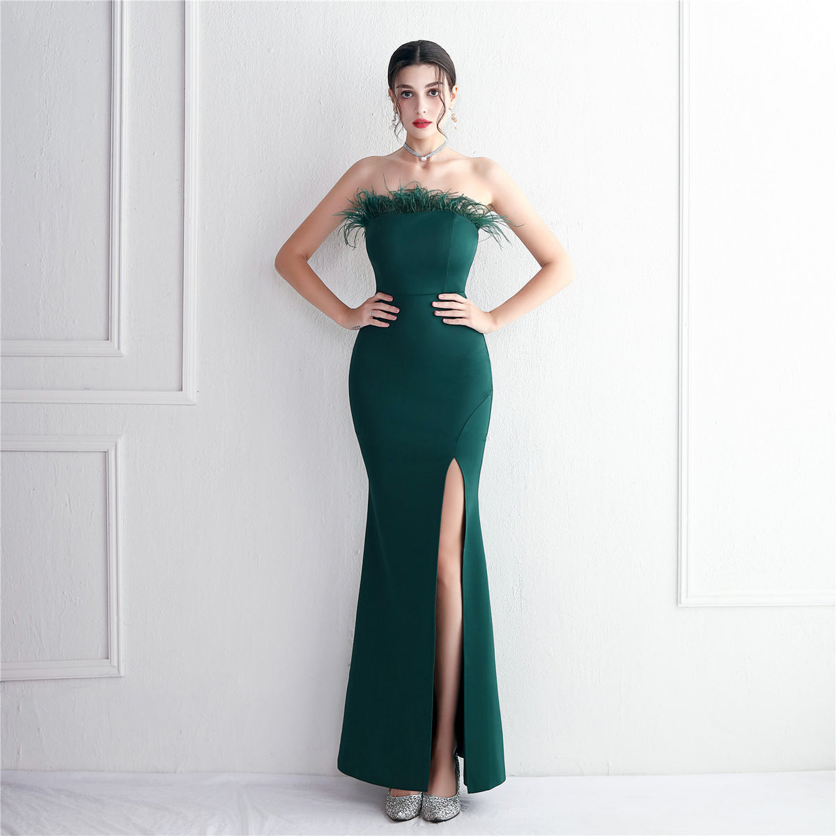 Feather Trim Strapless High Split Mermaid Evening Gown 7