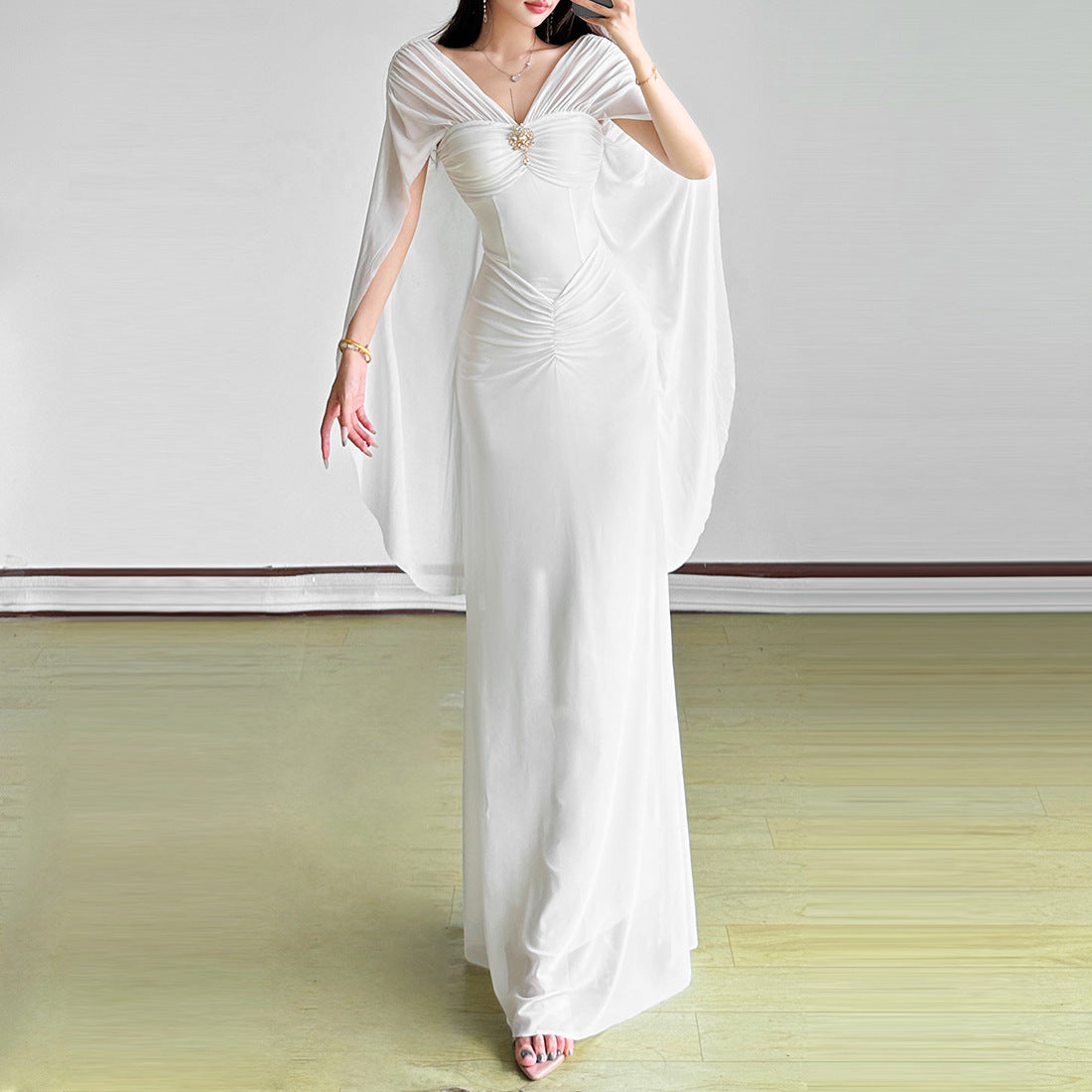 V-Neck Sheer Mesh Cape Sleeve Ruched Bodycon Maxi Dress