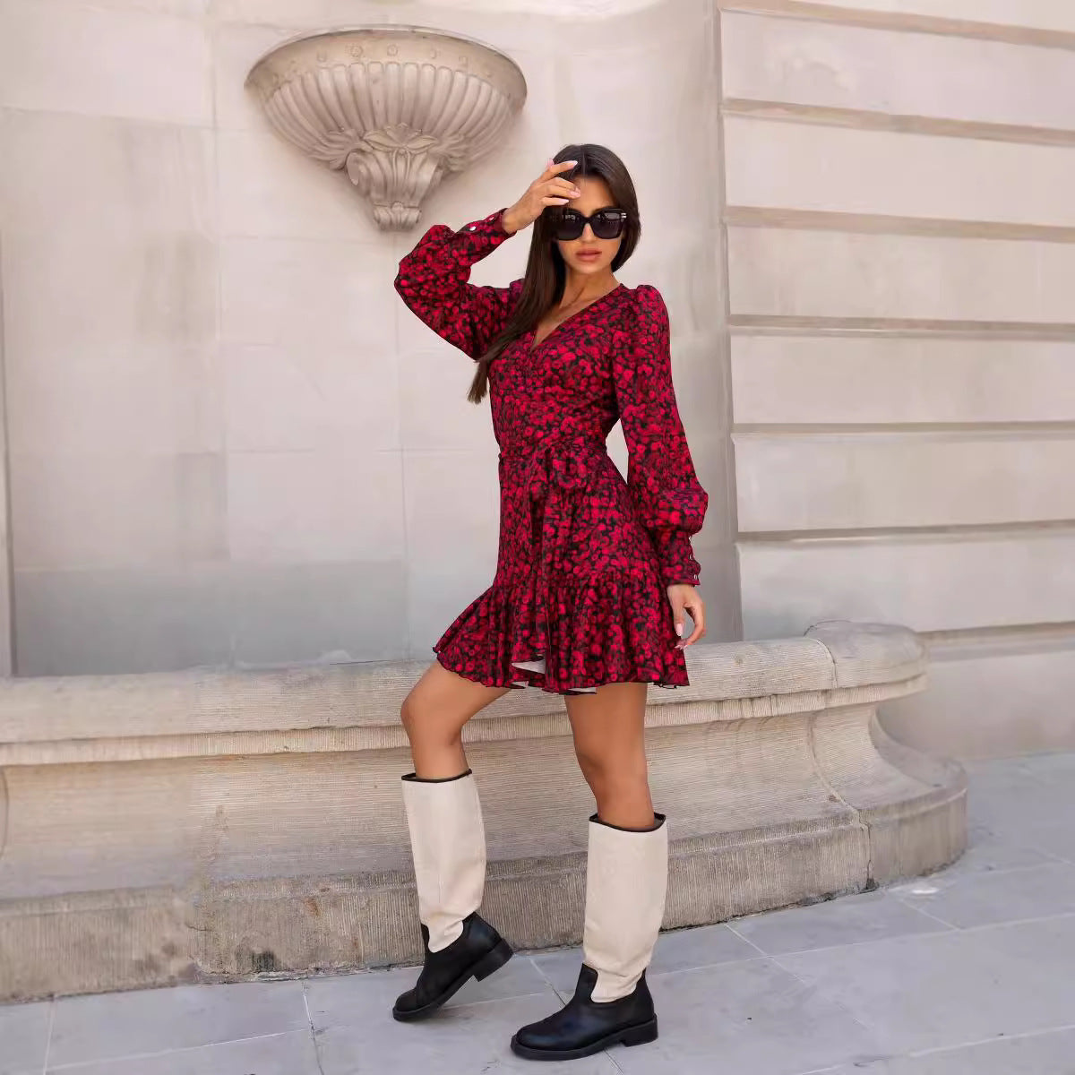 Leopard Print Wrap V-Neck Long Sleeve Ruffle Hem Mini Dress 4