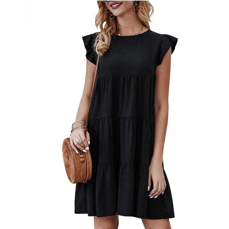 Round Neck Flutter Sleeve Tiered Swing Mini Dress 11