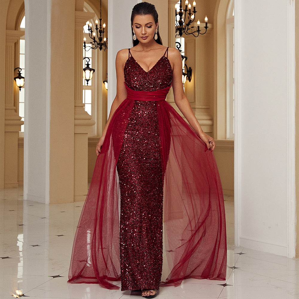 Sleeveless Graceful Sexy Long Sequined Lace V neck Backless Cocktail Evening Bridesmaid Dress Women Maxi