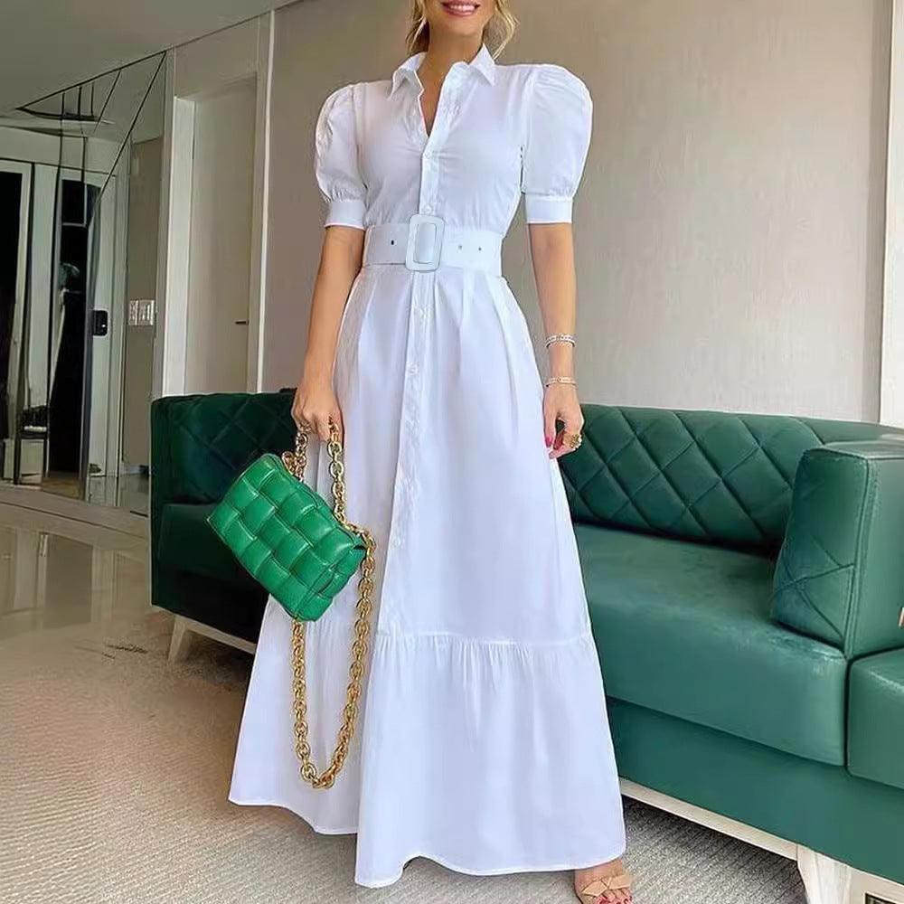 Temperament commuting long short-sleeved swing dress with belt White