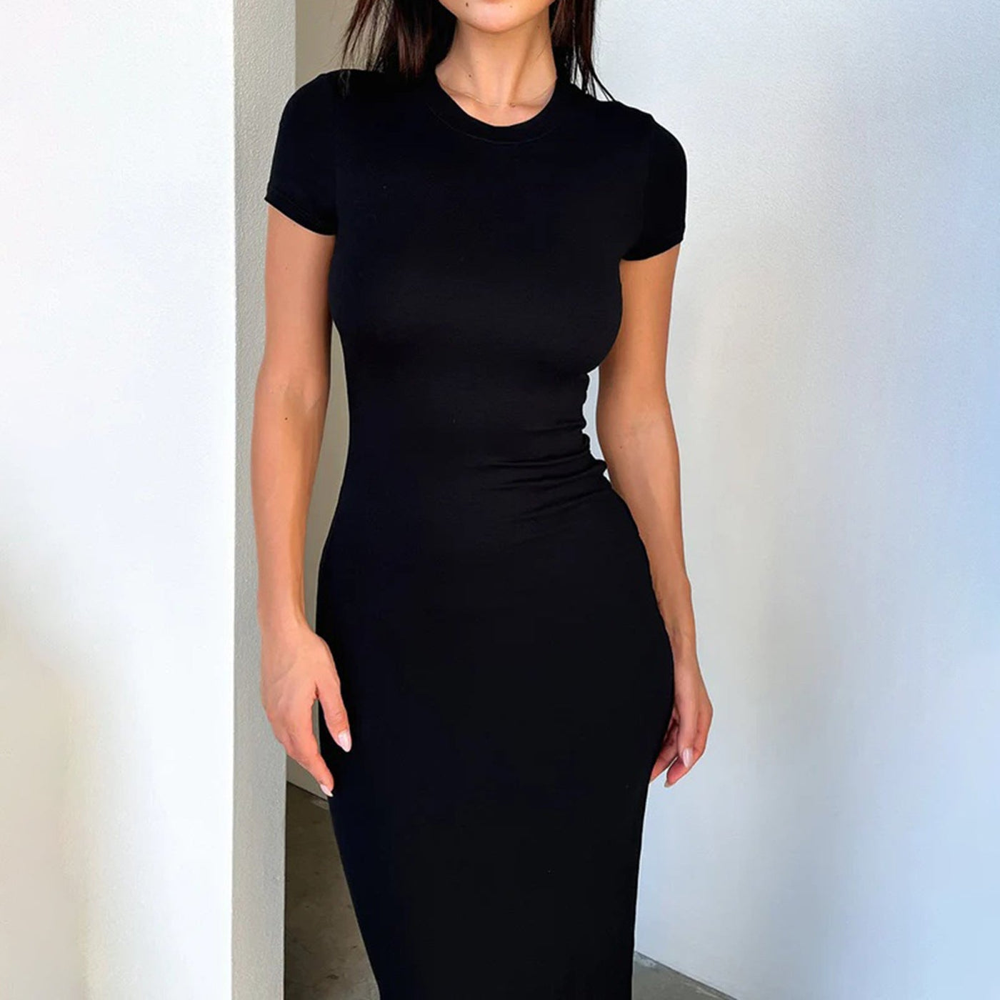Crew Neck Short Sleeve Ruched Bodycon Maxi Dress 3
