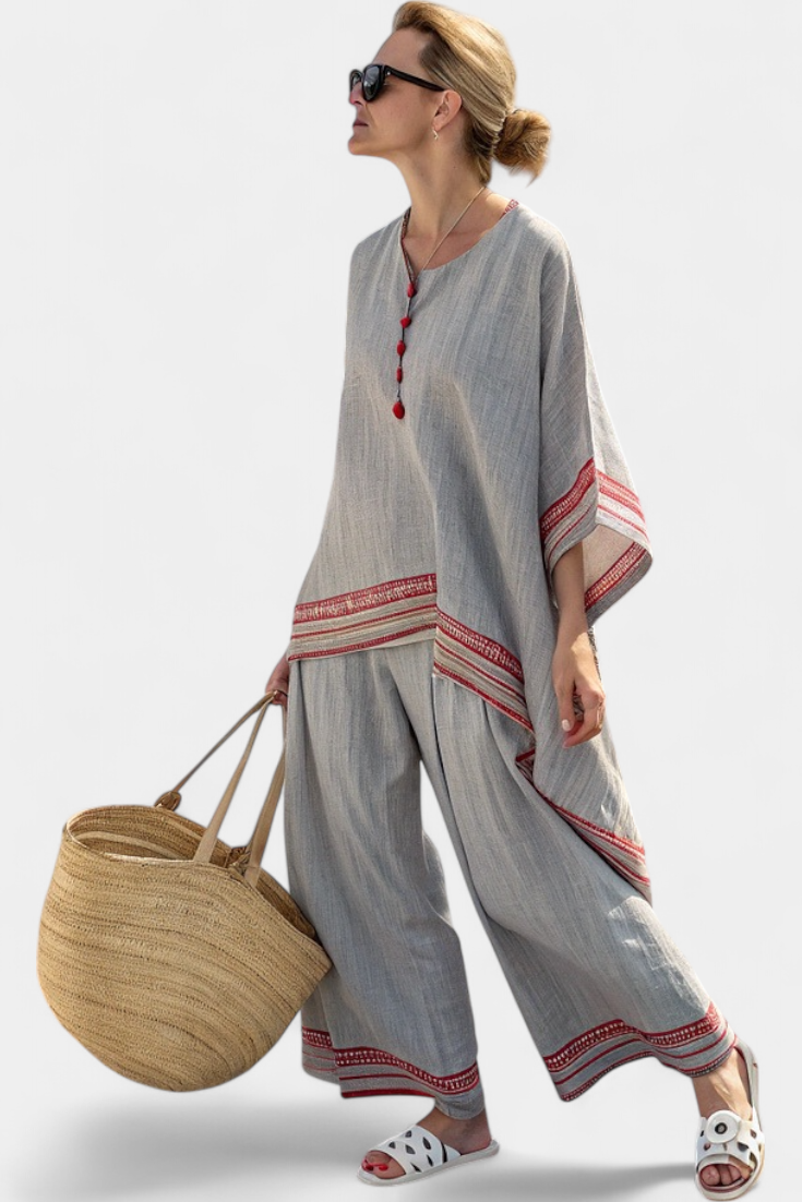 Contrast Trim Tunic Top and Wide Leg Pants Two Piece Set