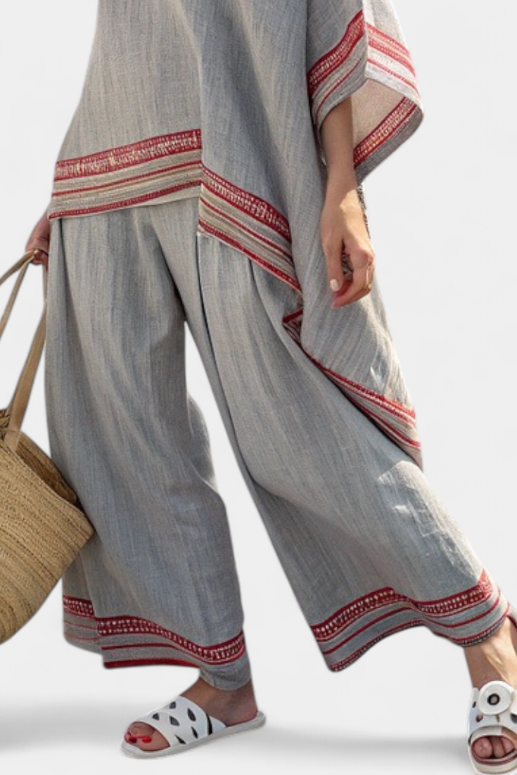 Contrast Trim Tunic Top and Wide Leg Pants Two Piece Set