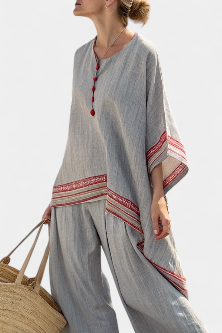 Contrast Trim Tunic Top and Wide Leg Pants Two Piece Set
