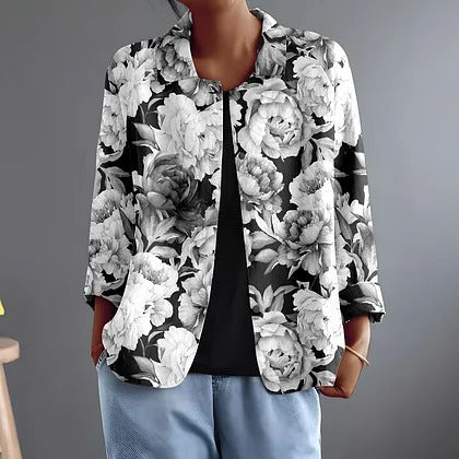 Floral Print Open Front Collarless Jacket