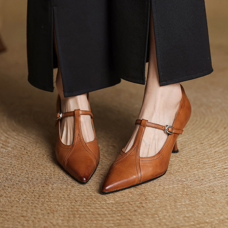 Pointed Toe T-Strap Buckle Stiletto Pumps