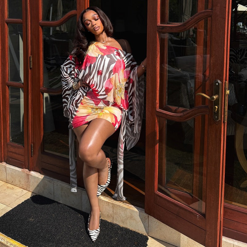 Women Clothing Printed Oblique Shoulder Batwing Stitching Sexy Hip Rhinestone Dress
