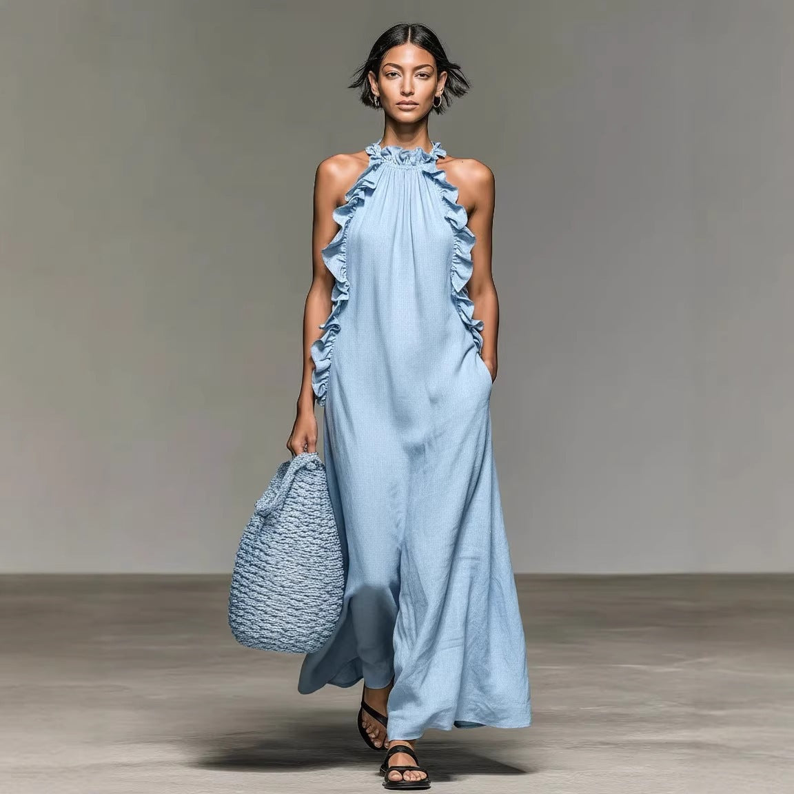 Halter Neck Ruffle Trim Sleeveless Maxi Dress 4