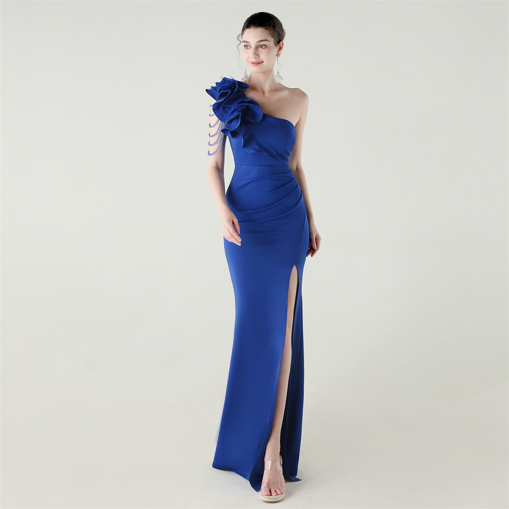 Single Shoulder Craft Beaded Nail Hair Wave Floral Satin High Slit Sexy Evening Dress Evening Cocktail Wedding - FashionAxe