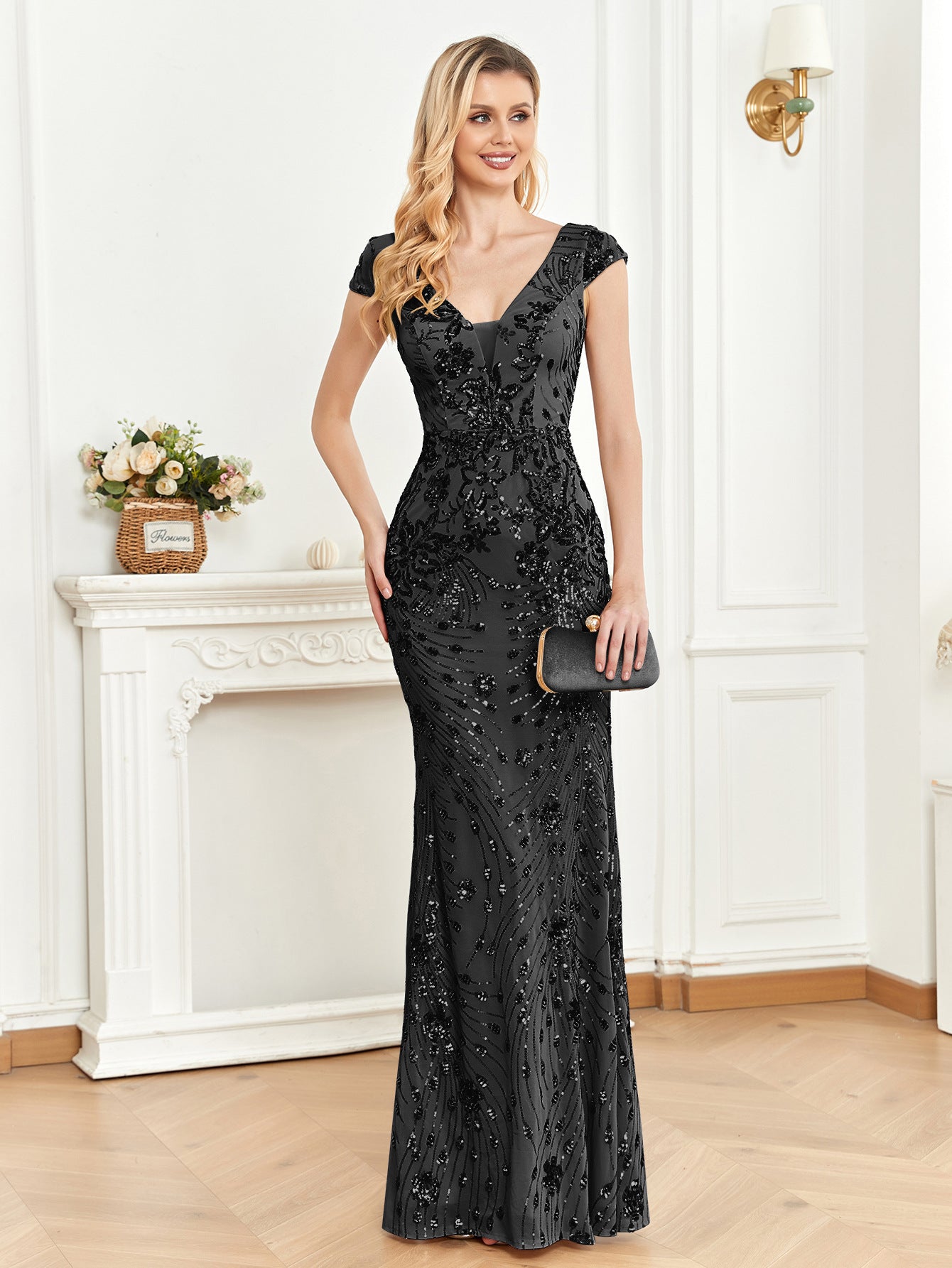 Sequin V-Neck Cap Sleeve Mermaid Evening Gown
