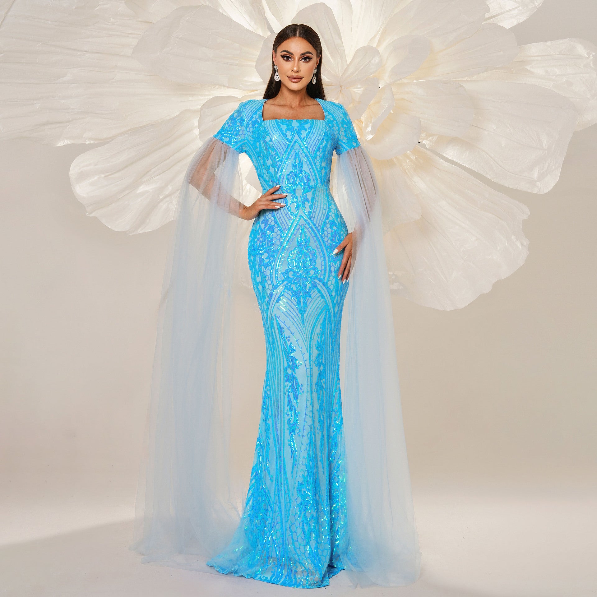 High Class Elegant over Long Sleeve Square Neck Cocktail Sheath Sequined Fishtail Evening Dress Women