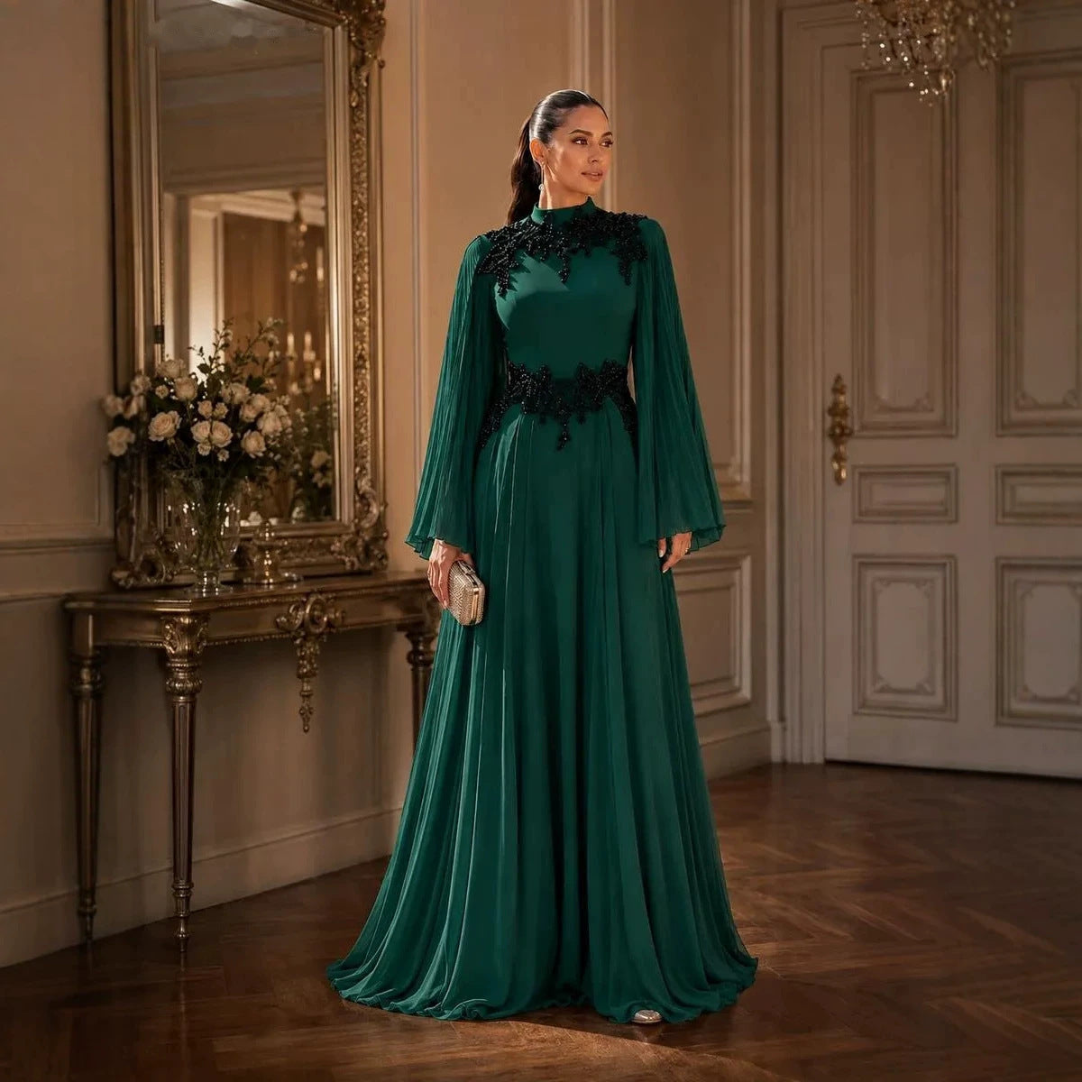 Retro Court Long Bell Sleeve Beaded Waist Long Large Hem Dinner Evening Dress