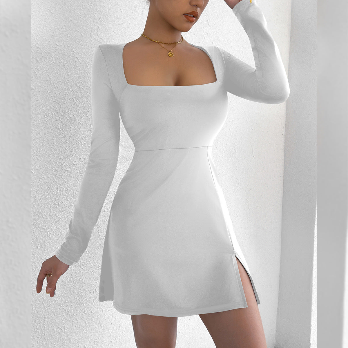 Square Neck Long Sleeve Side Slit A-Line Mini Dress 7