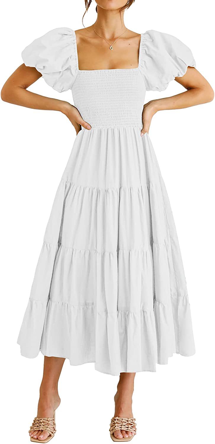Square Neck Puff Sleeve Smocked Bodice Tiered Midi Dress 2