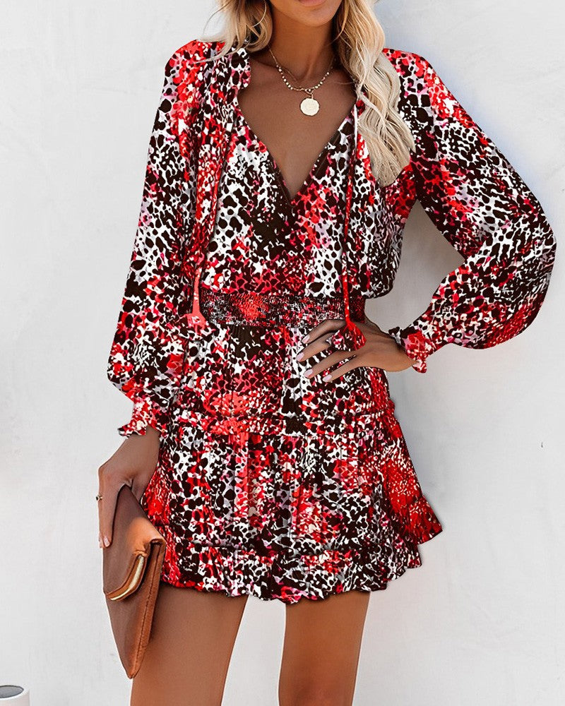Floral V-Neck Long Sleeve Tiered Ruffle Mini Dress 5