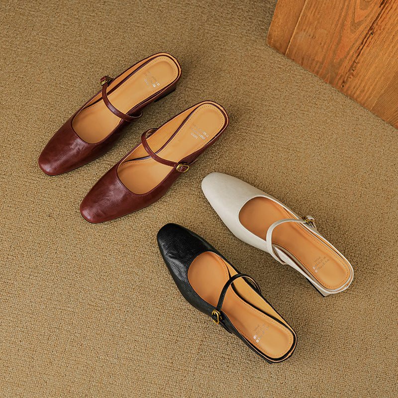 Square Toe Buckle Strap Block Heel Mules