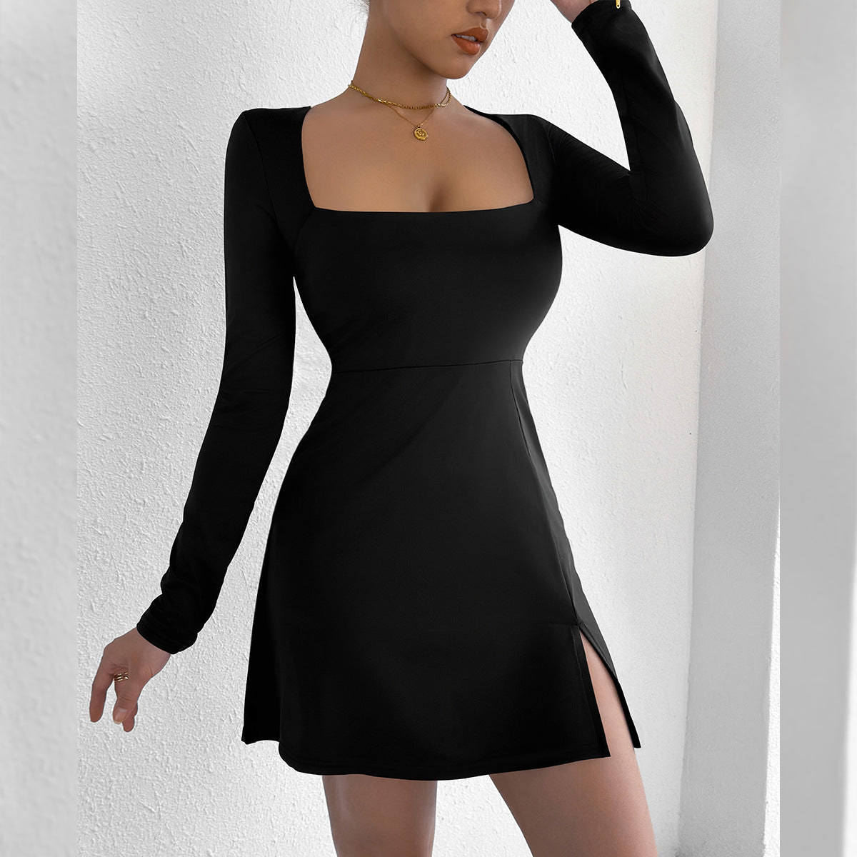 Square Neck Long Sleeve Side Slit A-Line Mini Dress 6
