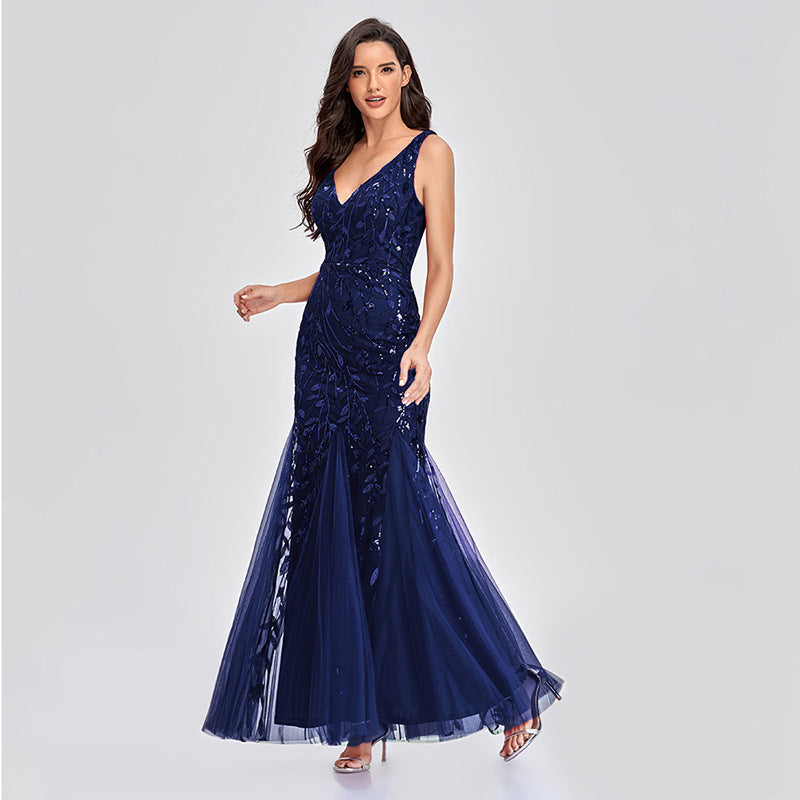 Sequin Embroidered V-Neck Sleeveless Tulle Mermaid Gown