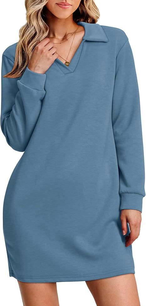 Collared V-Neck Long Sleeve Sweatshirt Mini Dress 3
