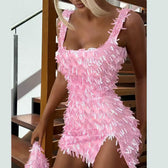 Sequin Fringe Square Neck High Split Bodycon Mini Dress 10