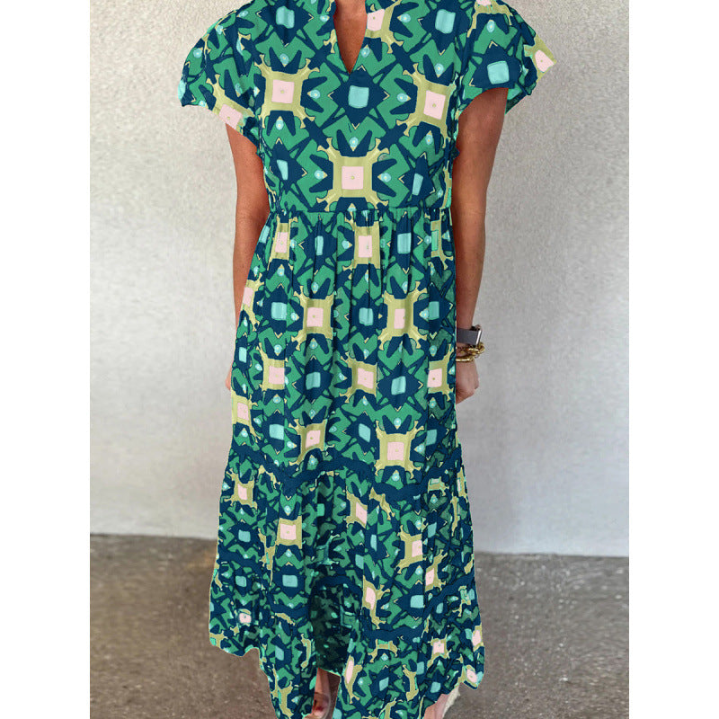 V-Neck Short Sleeve Geometric Print Tiered Maxi Dress 3