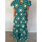 V-Neck Short Sleeve Geometric Print Tiered Maxi Dress 3