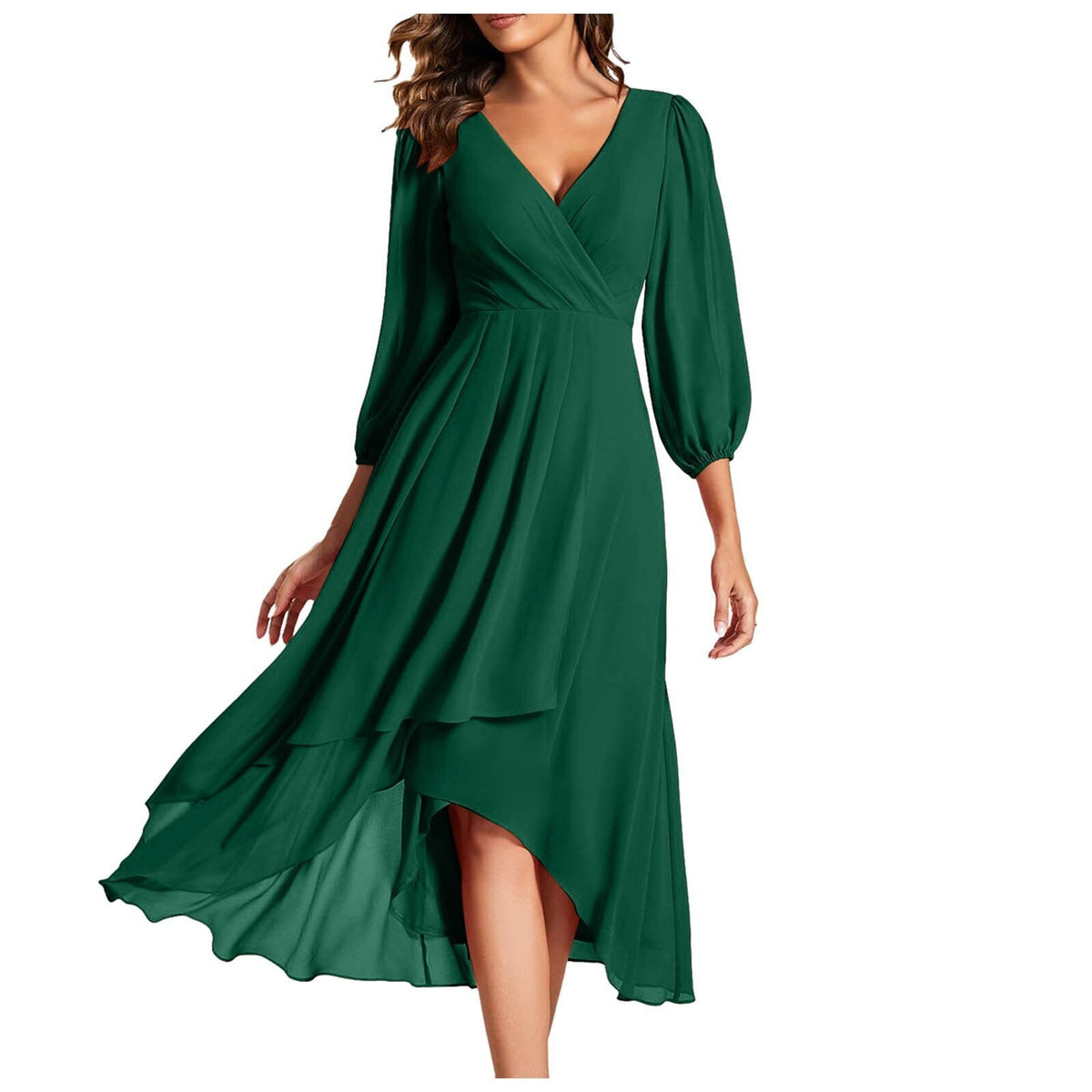 Chiffon Wrap V-Neck Puff Sleeve High Low Midi Dress
