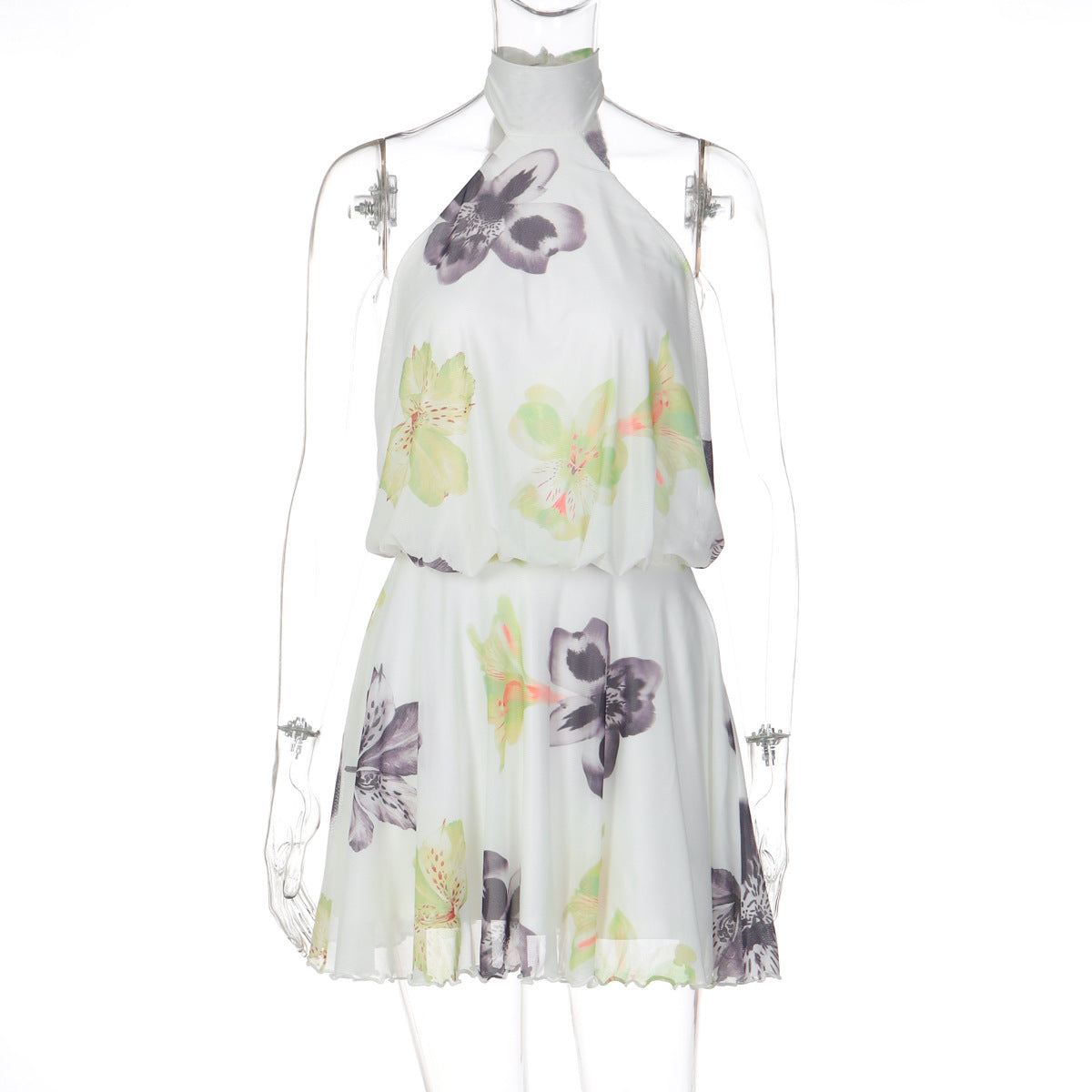 Floral Print Halter Neck Sleeveless Elastic Waist Lettuce Hem Mini Dress 5