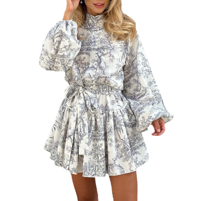 Floral Print High Neck Long Sleeve Tie Waist Tiered Mini Dress 5