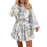 Floral Print High Neck Long Sleeve Tie Waist Tiered Mini Dress 5
