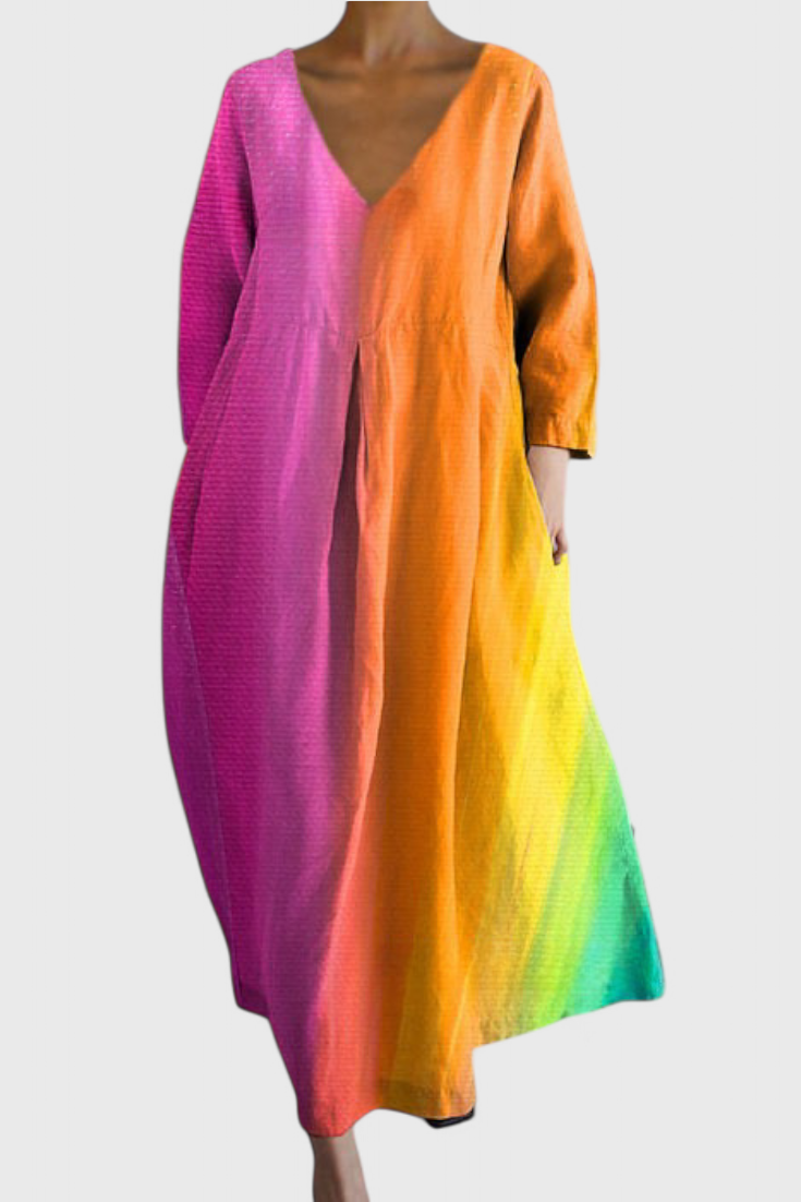 Abstract Print V-Neck Three Quarter Sleeve Oversized Maxi Dress