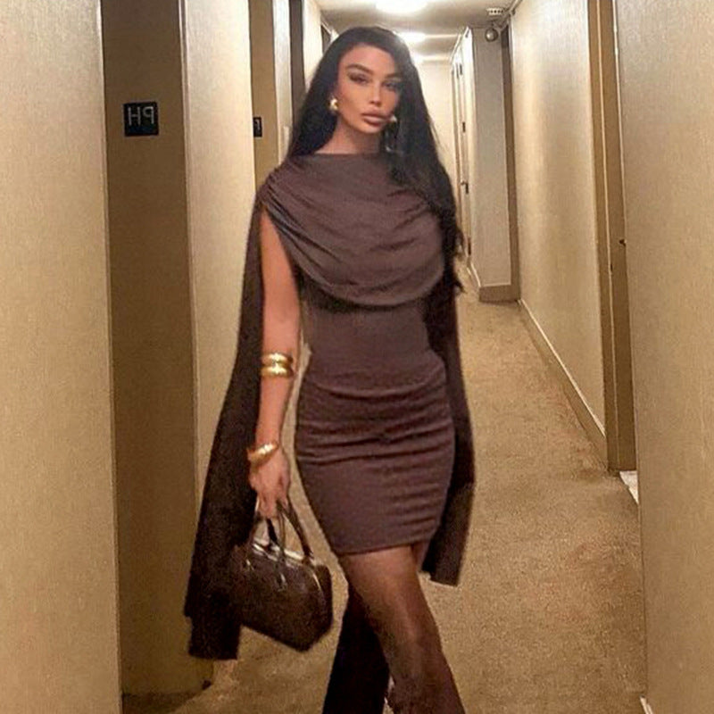 Draped Cowl Neck Cape Sleeve Bodycon Mini Dress 4