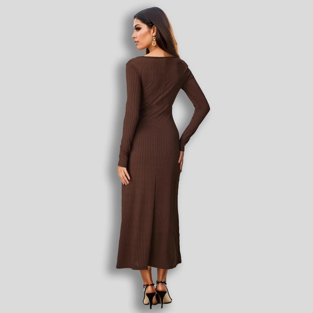 Autumn Winter Women Button Square Collar Long Sleeve Elegant Wide Hem Maxi Dress