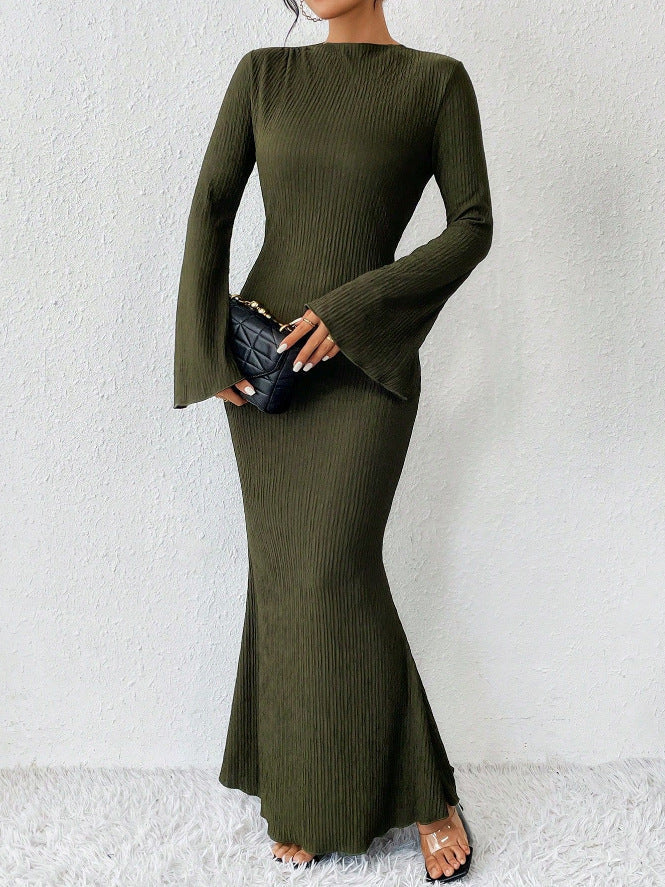 Rib Knit Flare Sleeve Bodycon Mermaid Maxi Dress 14