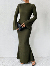 Rib Knit Flare Sleeve Bodycon Mermaid Maxi Dress 14