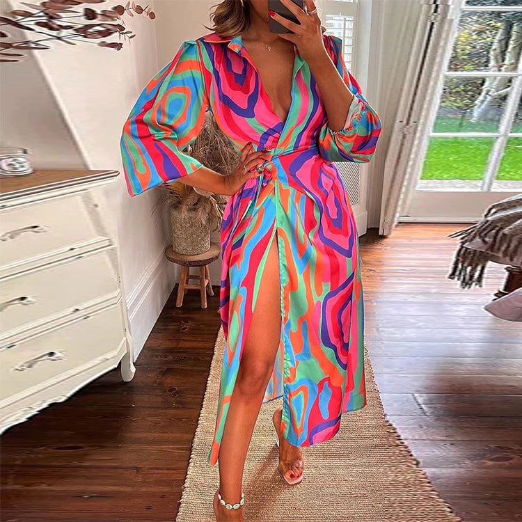 Abstract Print Collared Button Front Tie Waist High Split Maxi Shirt Dress 2