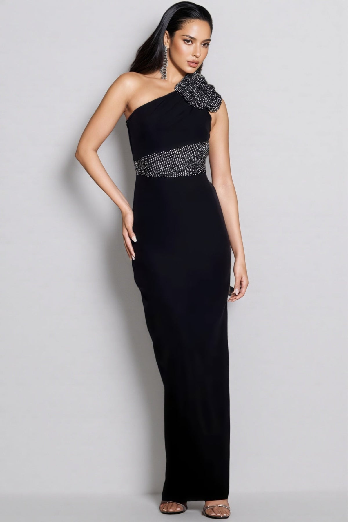 One Shoulder Rosette Rhinestone Waist Column Maxi Dress