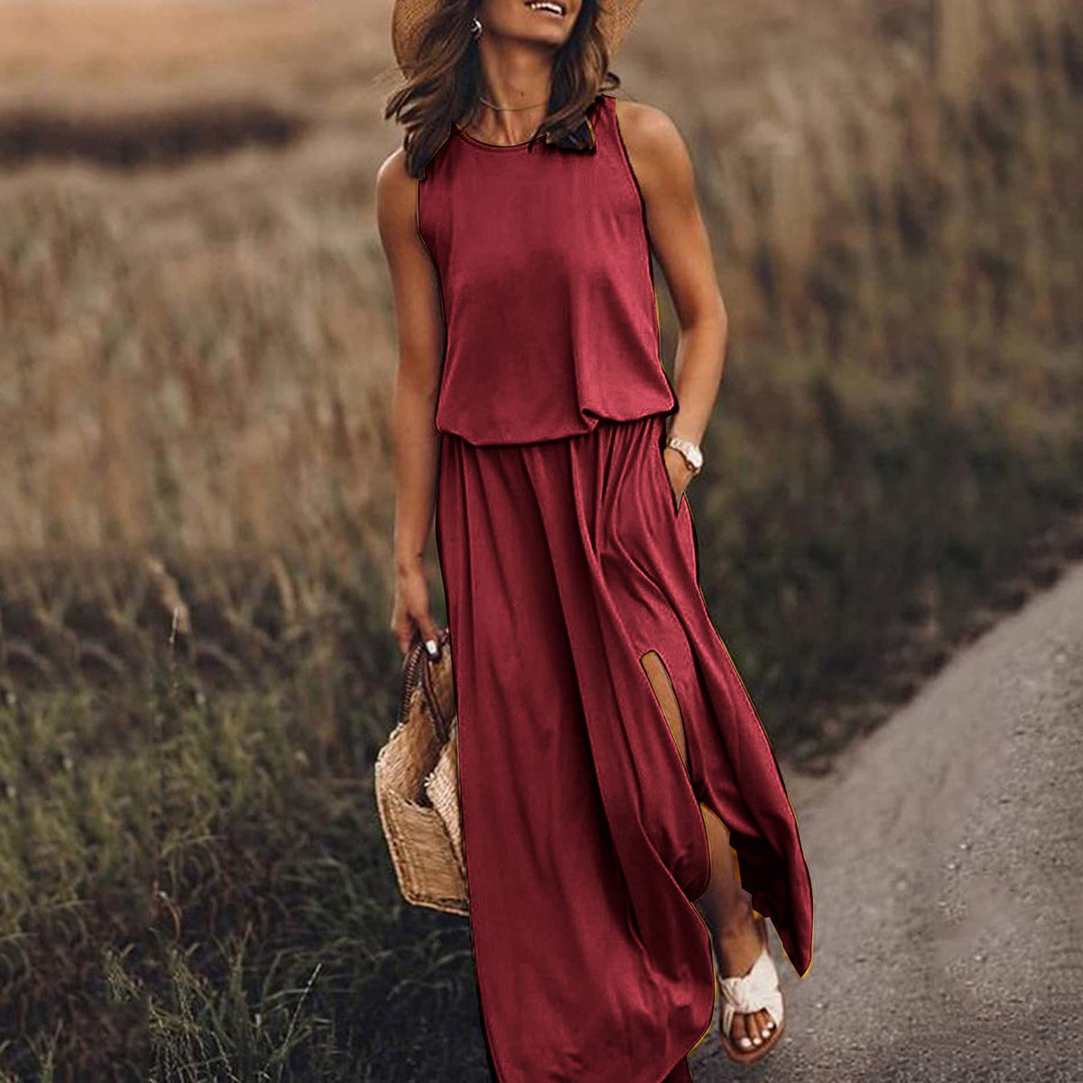 Crew Neck Sleeveless Elastic Waist Side Split Maxi Dress 5