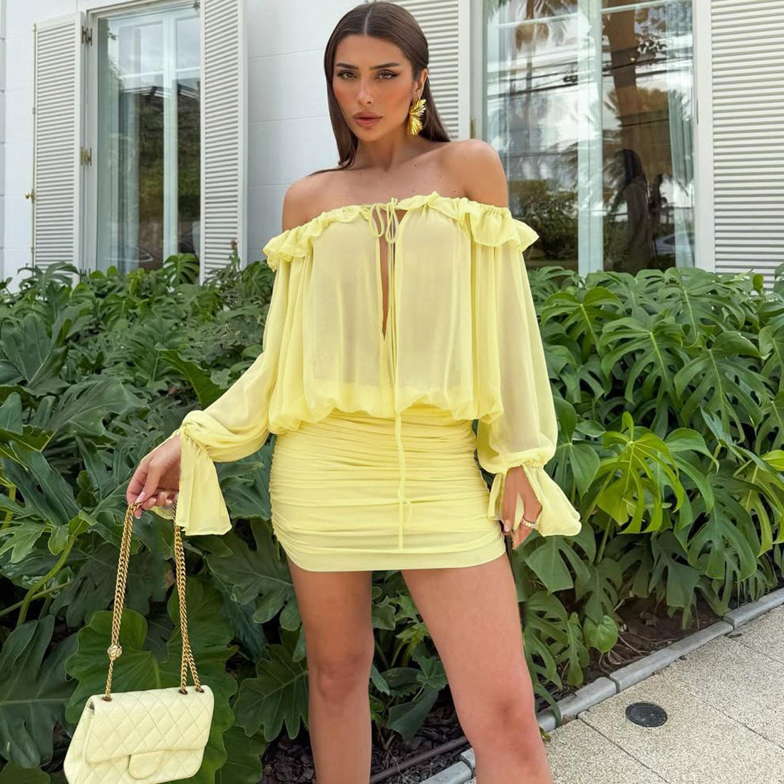 Off Shoulder Sheer Ruffle Blouson Sleeve Keyhole Ruched Mini Dress 2