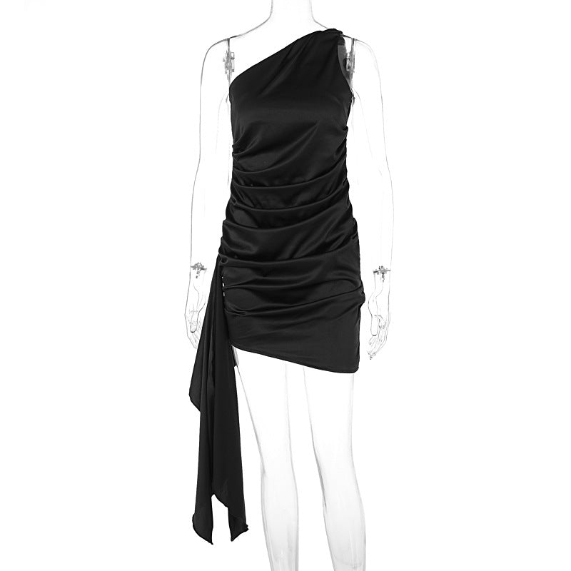 Satin One Shoulder Draped Sash Bodycon Mini Cocktail Dress 2