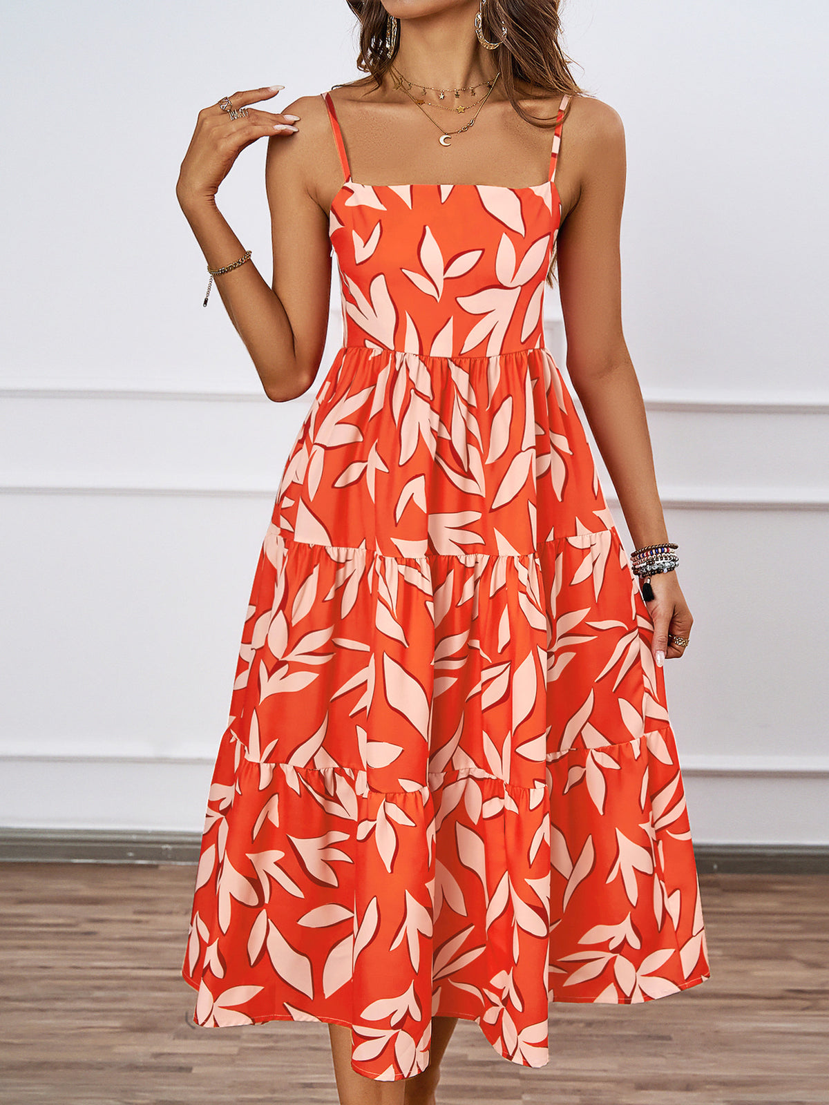 Leaf Print Square Neck Spaghetti Strap Tiered A-Line Midi Dress 4
