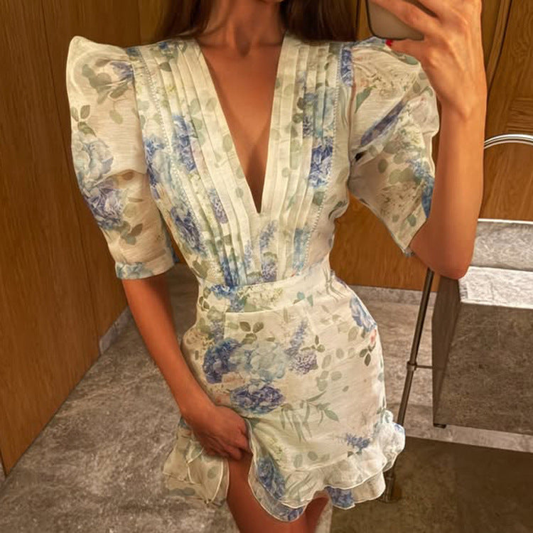 Deep V Plunge neck High Waist French Dress Irregular Asymmetric Hem Short Sleeve Printed Hip Dress