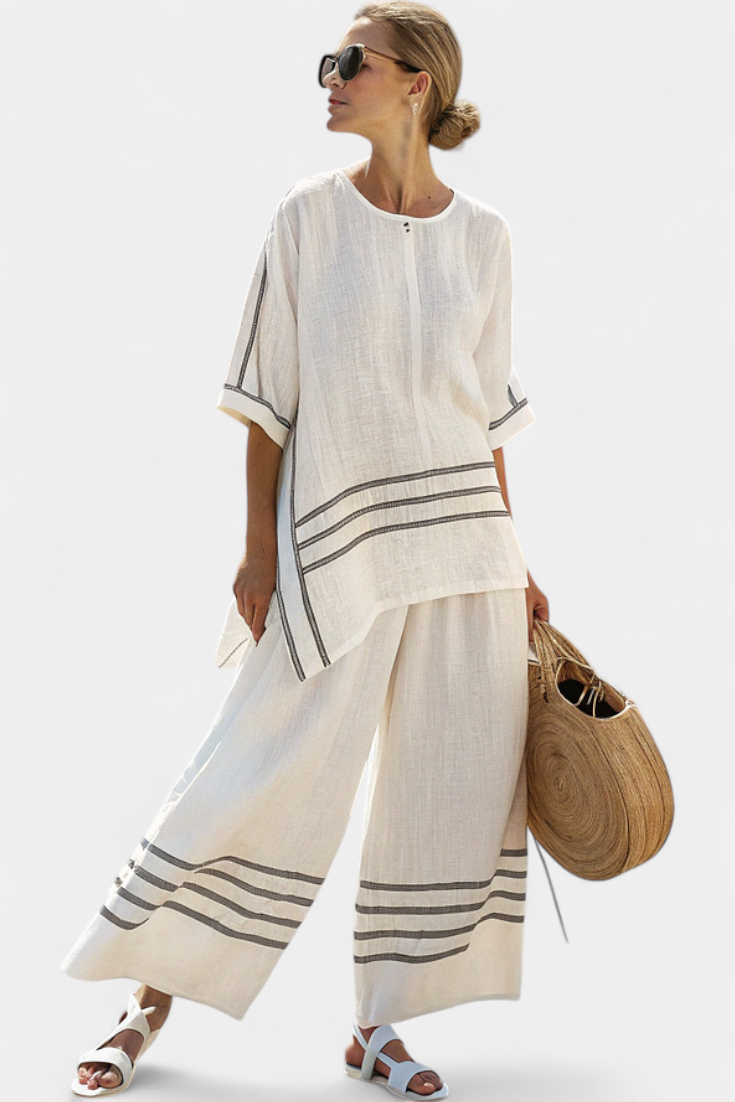 Striped Trim Short Sleeve Top and Wide Leg Pants Two Piece Set