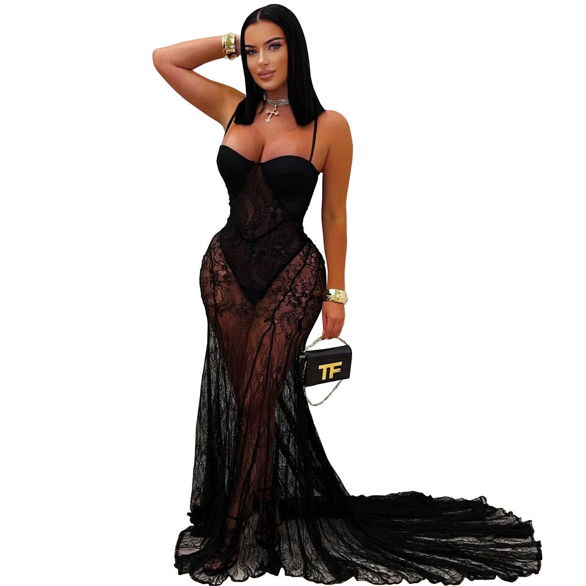 Sheer Lace Bustier Cup Spaghetti Strap Mermaid Maxi Gown with Train 4